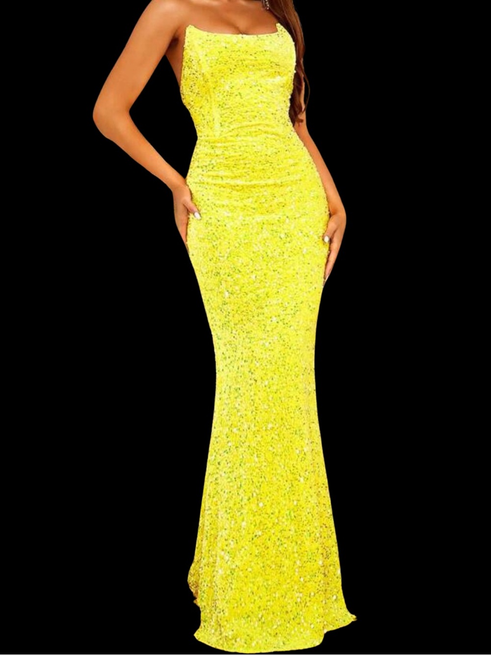 Strapless Sequin Yellow Evening Gown